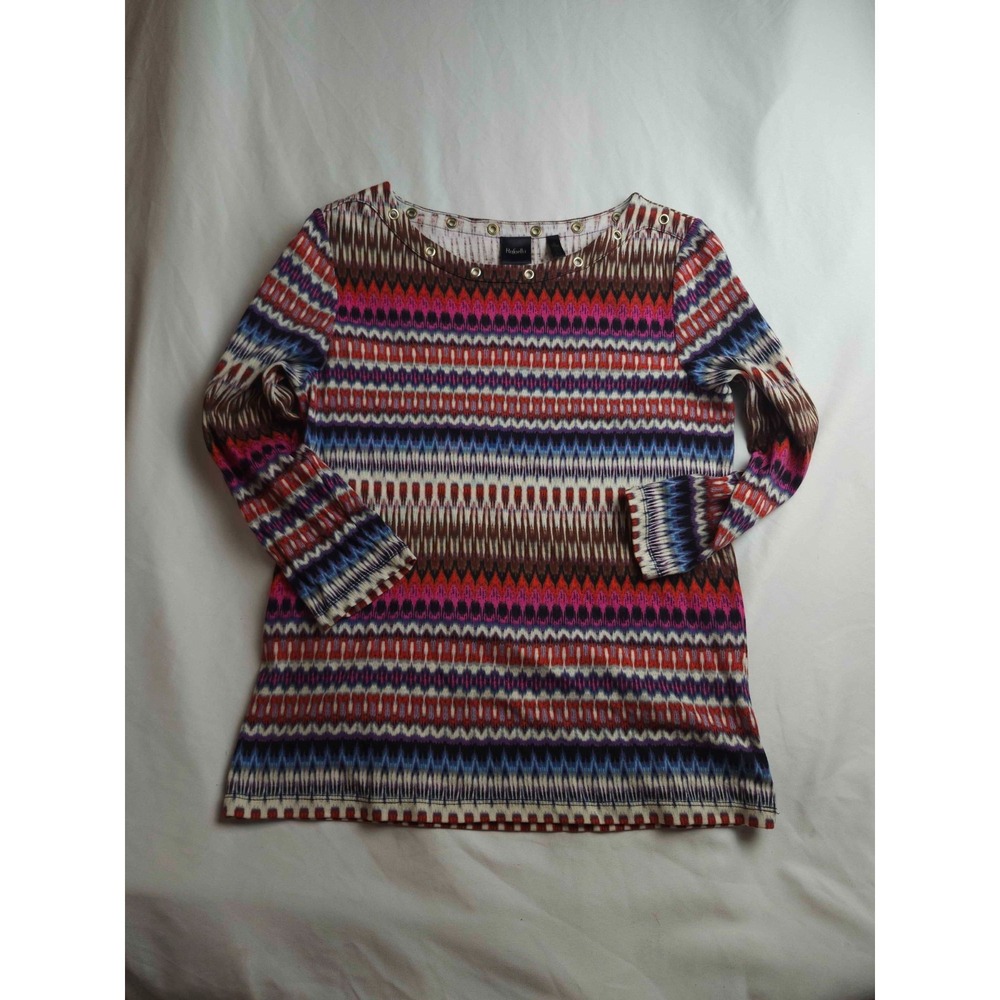 Rafaella Top Womens Small Multicolor Ikat Geometric Grommet Boat Neck Knit